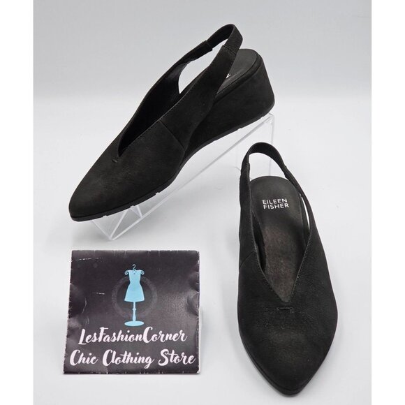Eileen Fisher Womens Black Nubuck Leather Devi Tumbled Slingback Shoes Sz 6 2917 - Picture 1 of 16